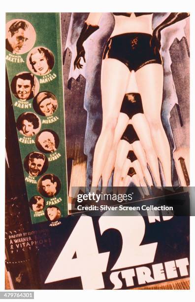 Poster for Lloyd Bacon's 1933 musical film '42nd Street', starring Warner Baxter, Bebe Daniels, George Brent, Una Merkel, Ruby Keeler, Guy Kibbee,...