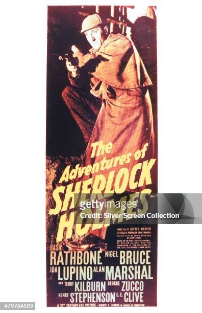 Poster for Alfred L Werker's 1939 mystery adventure film 'The Adventures Of Sherlock Holmes', starring Basil Rathbone in the title role.
