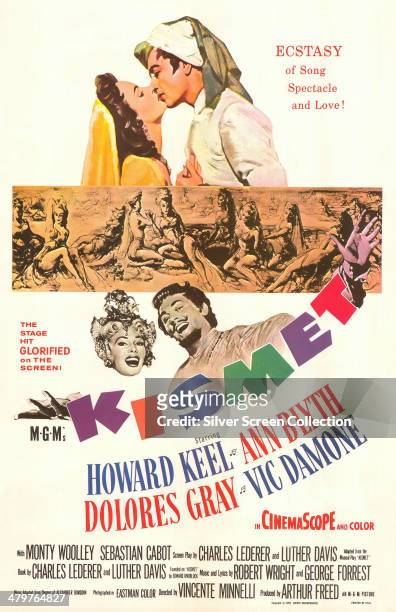 Poster for Vincente Minnelli's 1955 musical film 'Kismet', starring Ann Blyth and Vic Damone , Dolores Gray and Howard Keel.