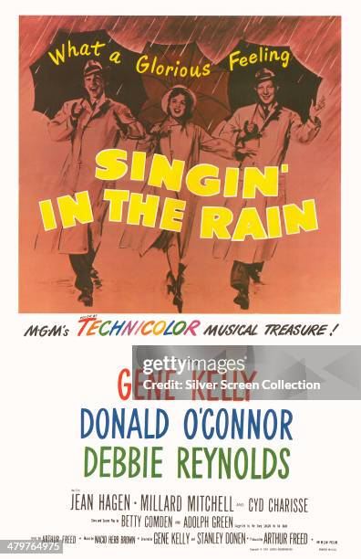 Poster for the 1952 musical comedy 'Singin' In The Rain', directed by Gene Kelly and Stanley Donen, and starring Gene Kelly, Debbie Reynolds and...