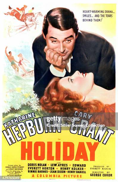 Poster for George Cukor's 1938 romantic comedy 'Holiday', starring Cary Grant and Katharine Hepburn.