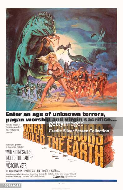 Tom Chantrell's poster for Val Guest's 1970 prehistoric adventure 'When Dinosaurs Ruled The Earth', starring Victoria Vetri.