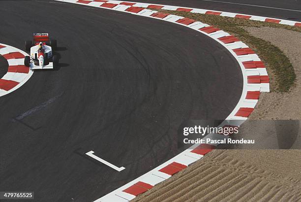 Ayrton Senna drives the Honda Marlboro McLaren McLaren MP4/6B Honda RA121E/B V12 during practice for the French Grand Prix on 4th July 1992 at the...