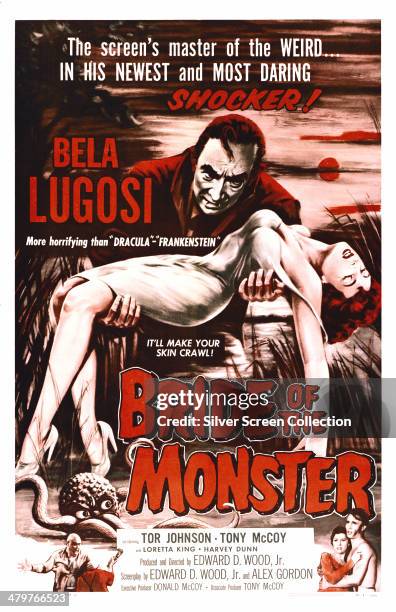 Poster for Ed Wood's 1955 science-fiction horror film 'Bride Of The Monster', starring Bela Lugosi.