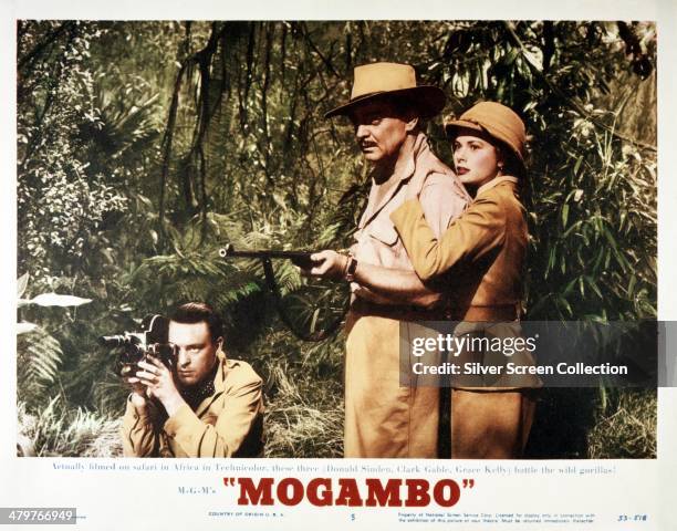 Lobby card for John Ford's 1953 romantic drama 'Mogambo', featuring Donald Sinden, Clark Gable and Grace Kelly.
