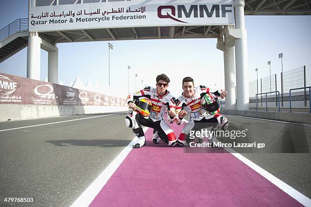 Matteo Ferrari of Italy and San Carlo Team Italia and Andrea Locatelli of Italy and san Carlo Team Italia pose in pit during the MotoGp of Qatar -...