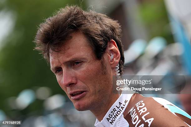 Johan Vansummeren of Belgium riding for Ag2r La Mondiale talks to the media as he prepares for stage four of the 2015 Tour de France from Seraing,...