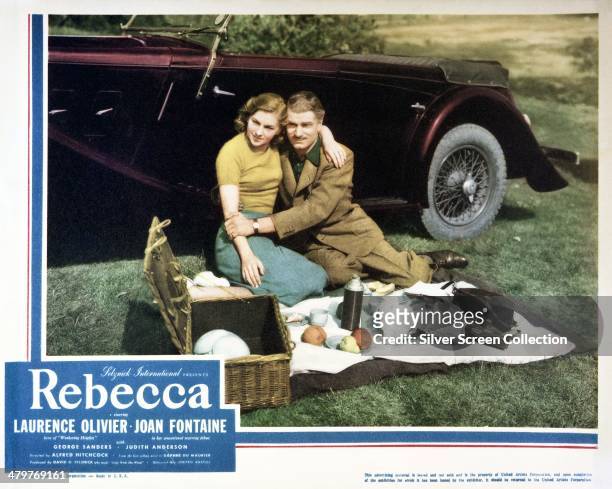 Lobby card for Alfred Hitchcock's 1940 psychological drama 'Rebecca', starring Laurence Olivier and Joan Fontaine, 1940.
