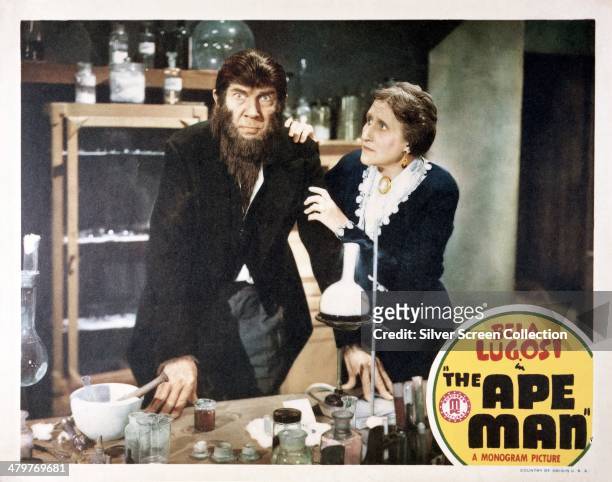 Lobby card for William Beaudine's 1943 science fiction horror film 'The Ape Man', featuring Bela Lugosi and Minerva Urecal.