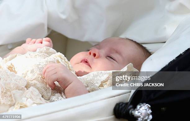 Princess Charlotte of Cambridge in her pram, leaves her Christening at St. Mary Magdalene Church in Sandringham, England, on July 5, 2015. Britain's...