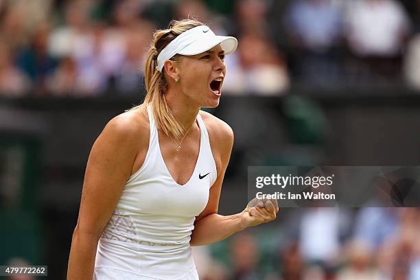 Maria Sharapova of Russia reacts in her Ladies Singles Quarter Final match against Coco Vandeweghe of the United States during day eight of the...