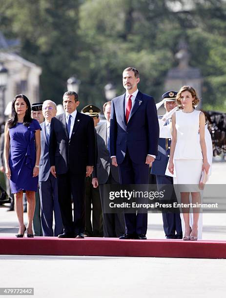 King Felipe of Spain and Queen Letizia of Spain receive President of Peru Ollanta Humala Tasso and his wife Nadine Heredia Alarcon for a lunch at...