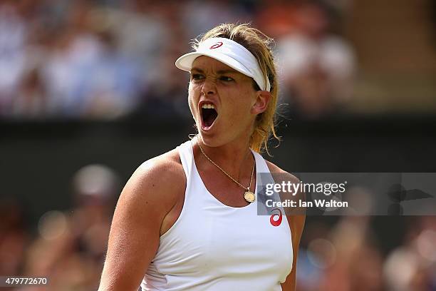 Coco Vandeweghe of the United States reacts in her Ladies Singles Quarter Final match against Maria Sharapova of Russia during day eight of the...