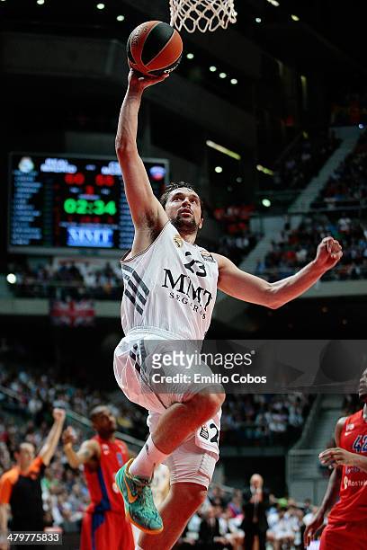 Sergio Llull, #23 of Real Madrid in action during the 2013-2014 Turkish Airlines Euroleague Top 16 Date 11 game between Real Madrid v CSKA Moscow at...