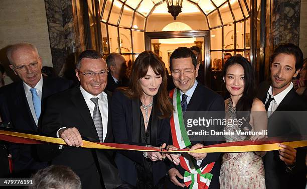 Paolo Bulgari, Jean Christophe Babin, Carla Bruni, Ignazio Marino, Shu Qi and Adrien Brody attend 'Bvlgari Celebrates 130 Years In Rome' at Via...