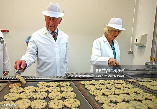 Prince Charles, Prince of Wales and Camilla, Duchess of Cornwall flip Welsh Cakes on hot plates as they tour of the Village Bakery on July 7, 2015 in...