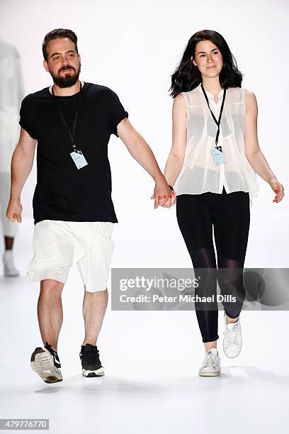 Designers Martin Eichler and Kristina Puljan on the runway at the Vektor show during the Mercedes-Benz Fashion Week Berlin Spring/Summer 2016 at...