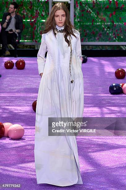 Model walks the runway during the Christian Dior show as part of Paris Fashion Week Haute Couture Fall/Winter 2015/2016 on July 6, 2015 in Paris,...