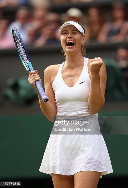 Maria Sharapova of Russia celebrates winning her Ladies Singles Quarter Final match against Coco Vandeweghe of the United States during day eight of...
