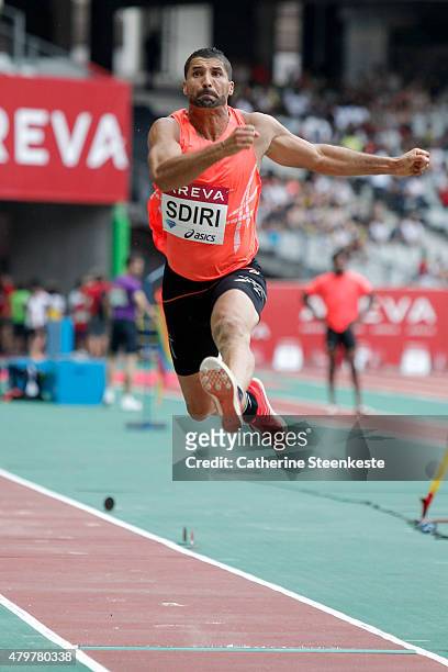 Salim Sdiri of France competes in the Men's Long Jump during the Meeting AREVA of the IAAF Diamond League 2015 at Stade de France on July 4, 2015 in...