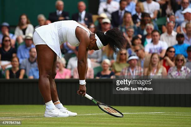Serena Williams of the United States reacts in her Ladies Singles Quarter Final match against Victoria Azarenka of Belarus during day eight of the...