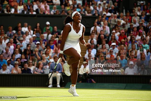 Serena Williams of the United States reacts in her Ladies Singles Quarter Final match against Victoria Azarenka of Belarus during day eight of the...