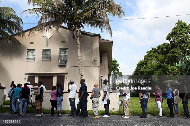 People wait in line for an opportunity to apply for a job during the Miami Worldcenter construction job fair on July 7, 2015 in Miami, Florida. Miami...
