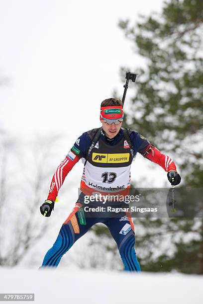 Evgeny Ustyugov of Russia competes during the men's 10 kilometer sprint race of the E.ON IBU World Cup Biathlon on March 20, 2014 in Oslo, Norway.