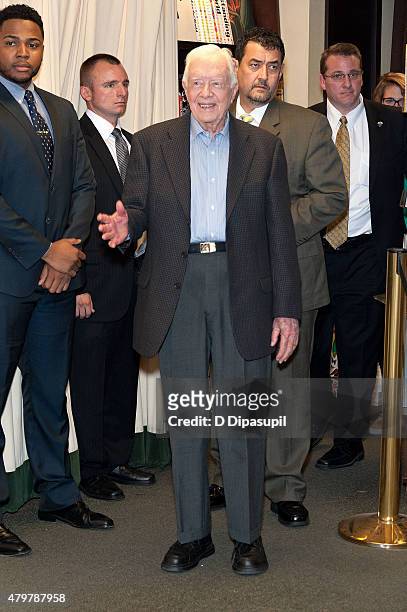 Former U.S. President Jimmy Carter arrives to promote his book "Full Life: Reflections at Ninety" at Barnes & Noble, 5th Avenue on July 7, 2015 in...