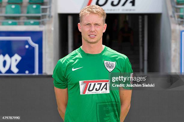 Kevin Schoeneberg poses during the official team presentation of Preussen Muenster at Preussenstadion on July 7, 2015 in Muenster, Germany.