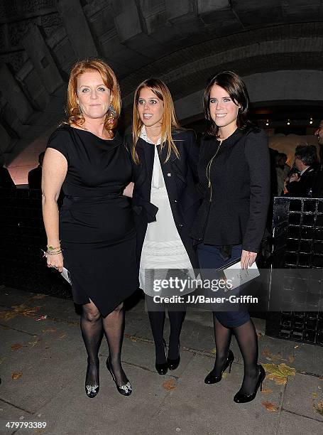 Sarah Ferguson, Princess Beatrice and Princess Eugenie are seen at Valentino: Master of Couture Private View on November 29, 2012 in London, United...