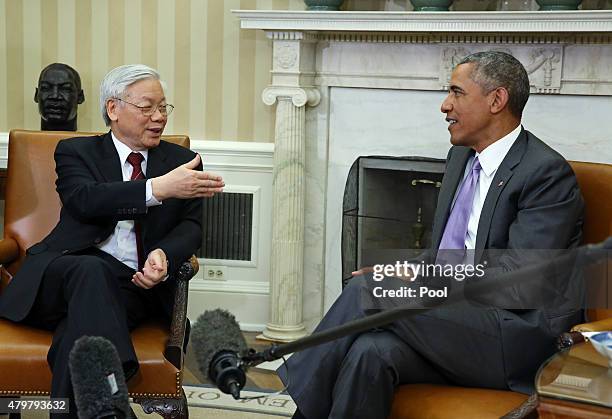 President Barack Obama meets with General Secretary Nguyen Phu Trong of Vietnam in the Oval Office of the White House July 7, 2015 in Washington, DC....