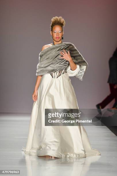 Model Stacey McKenzie walks the runway wearing Farley Chatto fall 2014 collection during World MasterCard Fashion Week Fall 2014 at David Pecaut...