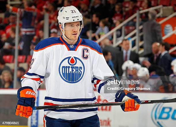 Andrew Ference of the Edmonton Oilers skates against the Detroit Red Wings at Joe Louis Arena on March 14, 2014 in Detroit, Michigan.