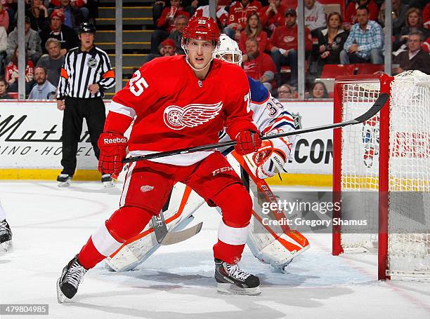 Cory Emmerton of the Detroit Red Wings skates against the Edmonton Oilers at Joe Louis Arena on March 14, 2014 in Detroit, Michigan.
