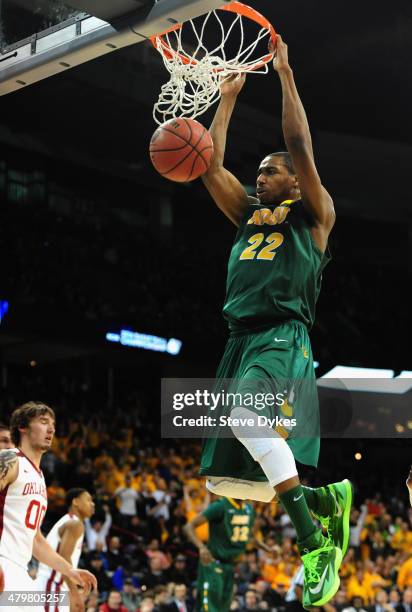 Kory Brown of the North Dakota State Bison dunks the ball against the Oklahoma Sooners during the second round of the 2014 NCAA Men's Basketball...