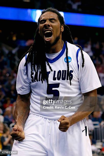 Jordair Jett of the Saint Louis Billikens celebrates a basket in the second half against the North Carolina State Wolfpack during the second round of...
