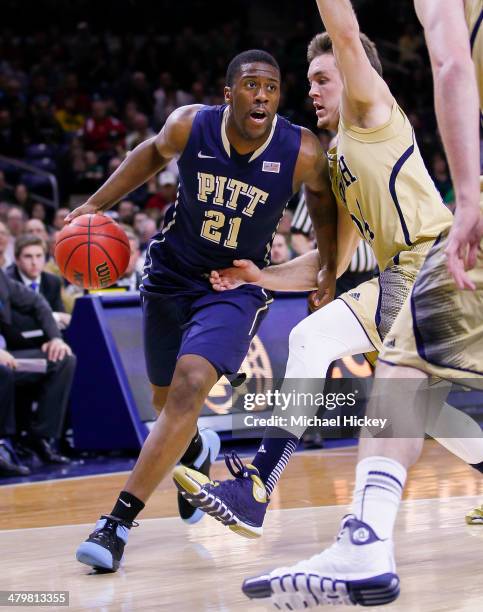 Lamar Patterson of the Pittsburgh Panthers drives to the basket during the game against the Notre Dame Fighting Irish at Purcel Pavilion on March 1,...