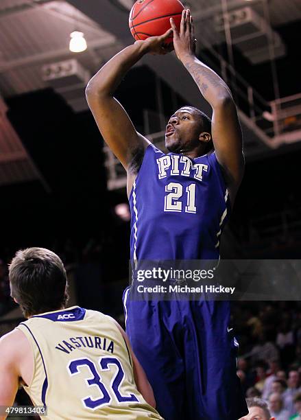 Lamar Patterson of the Pittsburgh Panthers shoots a jumper over Steve Vasturia of the Notre Dame Fighting Irish at Purcel Pavilion on March 1, 2014...