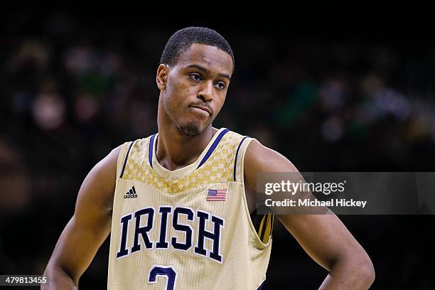 Beachem of the Notre Dame Fighting Irish stands on the court during the game against the Pittsburgh Panthers at Purcel Pavilion on March 1, 2014 in...