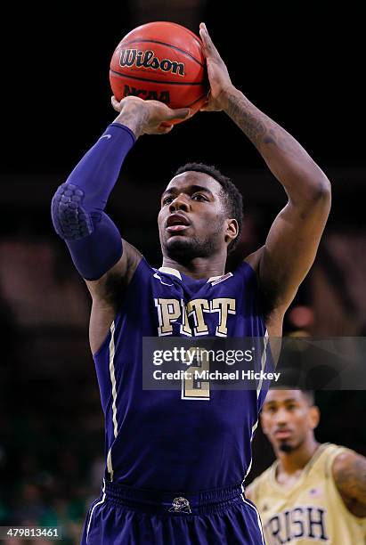 Michael Young of the Pittsburgh Panthers shoots a free throw during the game against the Notre Dame Fighting Irish at Purcel Pavilion on March 1,...