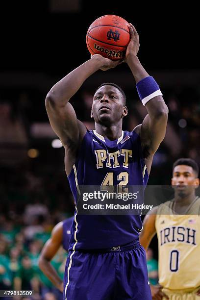 Talib Zanna of the Pittsburgh Panthers shoots a free throw during the game against the Notre Dame Fighting Irish at Purcel Pavilion on March 1, 2014...