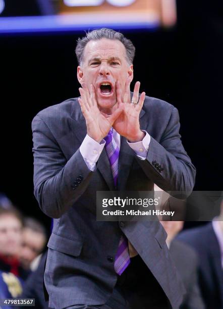 Head coach Jamie Dixon of the Pittsburgh Panthers yells from the bench area during the game against the Notre Dame Fighting Irish at Purcel Pavilion...