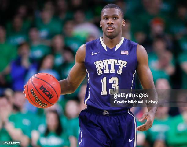 Chris Jones of the Pittsburgh Panthers brings the ball up court during the game against the Notre Dame Fighting Irish at Purcel Pavilion on March 1,...