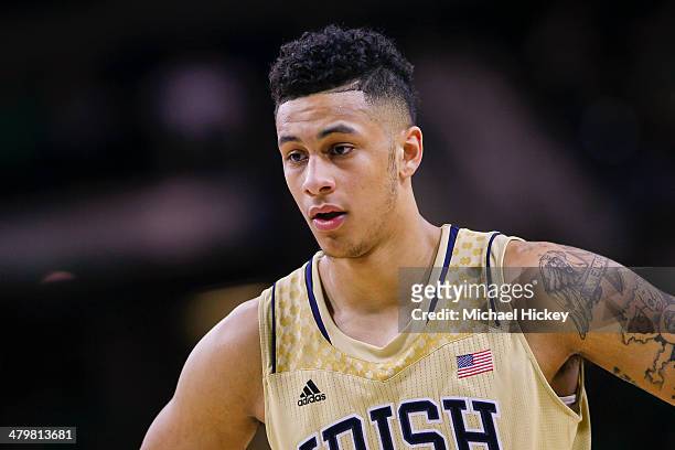 Zach Auguste of the Notre Dame Fighting Irish stands on the court during the game against the Pittsburgh Panthers at Purcel Pavilion on March 1, 2014...