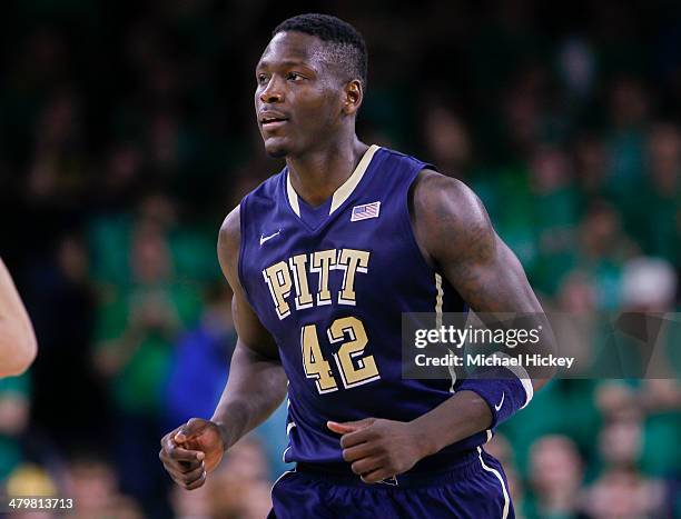 Talib Zanna of the Pittsburgh Panthers jogs up court during the game against the Notre Dame Fighting Irish at Purcel Pavilion on March 1, 2014 in...