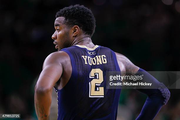 Michael Young of the Pittsburgh Panthers stands on the court during the game against the Notre Dame Fighting Irish at Purcel Pavilion on March 1,...