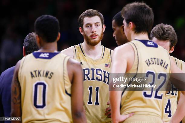 Garrick Sherman of the Notre Dame Fighting Irish stands in the huddle during a timeout against the Pittsburgh Panthers at Purcel Pavilion on March 1,...