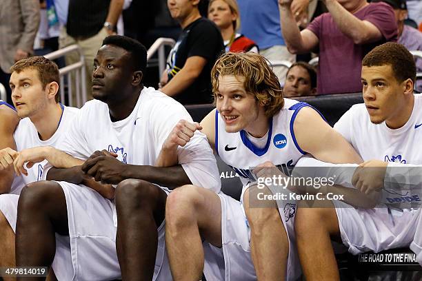 Jake Barnett of the Saint Louis Billikens looks on from the bench with his teammates against the North Carolina State Wolfpack during the second...