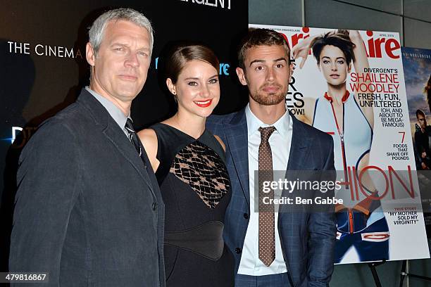 Director Neil Burger, actress Shailene Woodley and actor Theo James attend the Marie Claire & The Cinema Society screening of Summit Entertainment's...